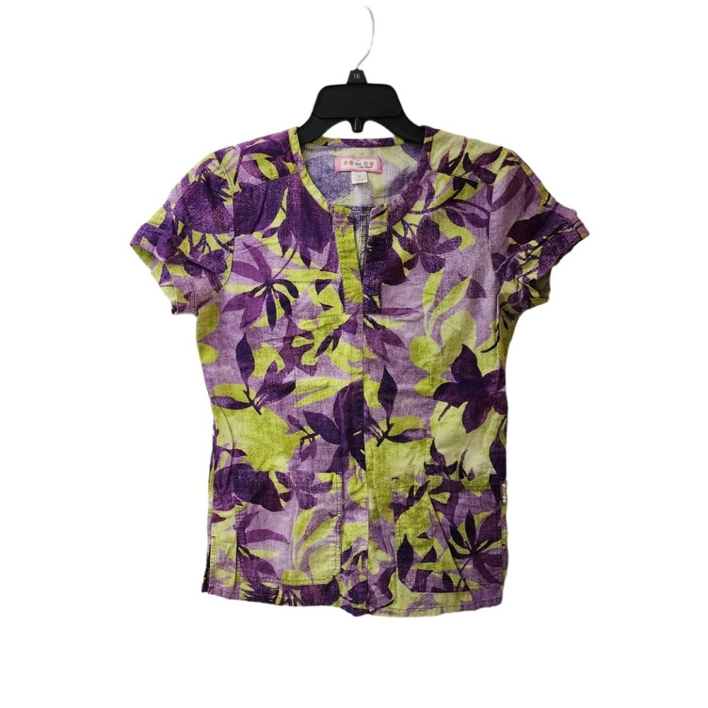 Koi Purple/Green Naomi Jungle Flower Scrub Top Size Small